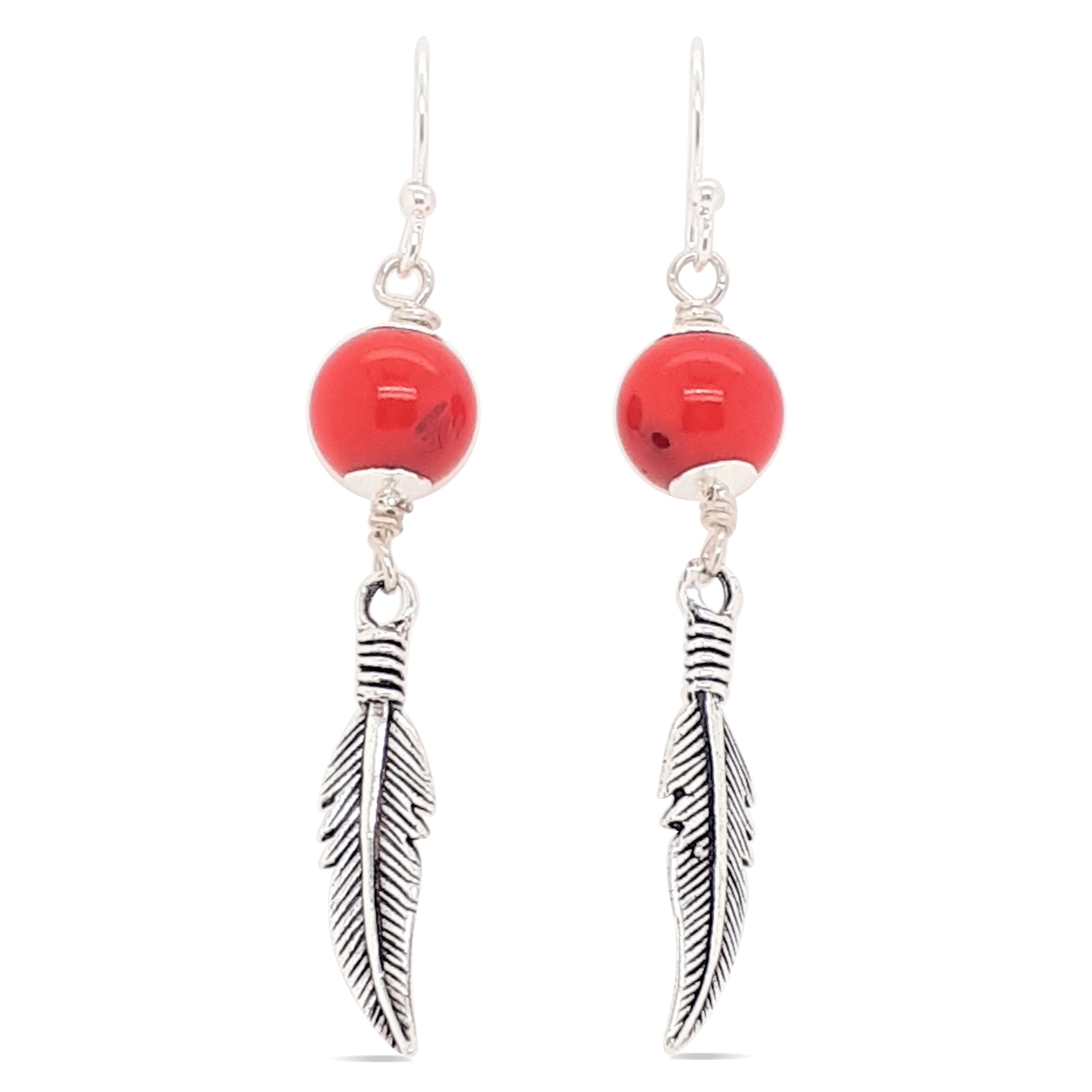 EARRINGS S/S RED CORAL FEATHER