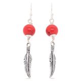 EARRINGS S/S RED CORAL FEATHER